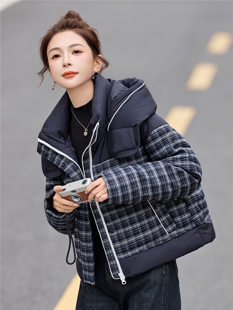 格子连帽羽绒服女小个子冬装2025新款高端时尚百搭保暖白鸭绒外套,女装羽绒服,浙宝029