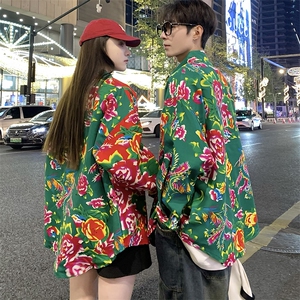 PC203情侣休闲东北大花拼接长袖衬衫外套男女宽松寸衣汉服演出服图片