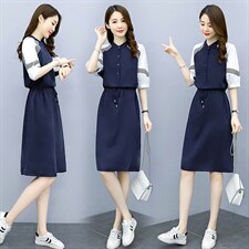 2021夏季新款简约时尚气质圆领撞色休闲舒适系带收腰连衣裙，女装连衣裙，天丝秀