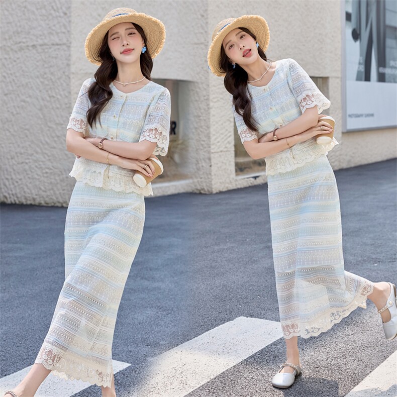 2025新款夏季法式超好看蕾丝拼接短袖上衣长裙套装女,女装套装/套裙,丽美静依