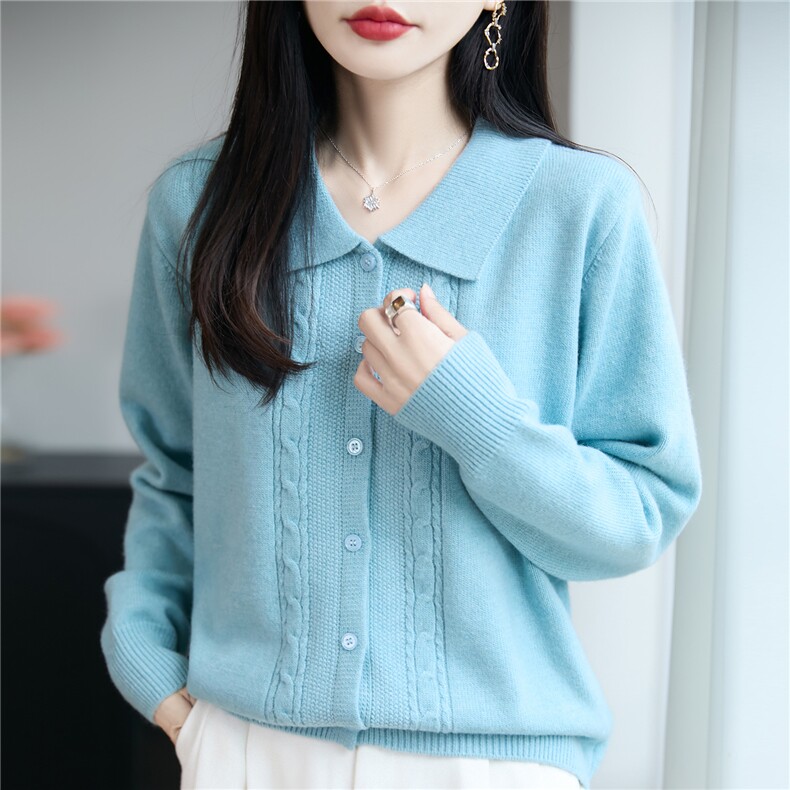 法式复古麻花POLO领针织开衫女外套毛衣2025新款宽松加厚外搭上衣,针织衫/毛衣,唐诺