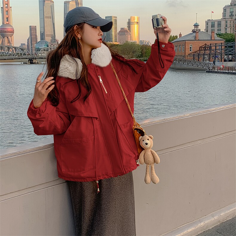 橘粉色工装派克服女2024年冬季新款小个子加绒加厚大毛领连帽棉服,女装短外套,2C037