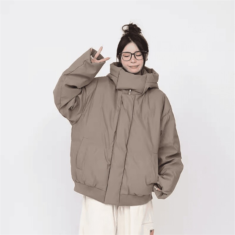现货5W件冬季三防重磅boxy短款羽绒连帽PU皮棉衣外套防风加厚棉服图片