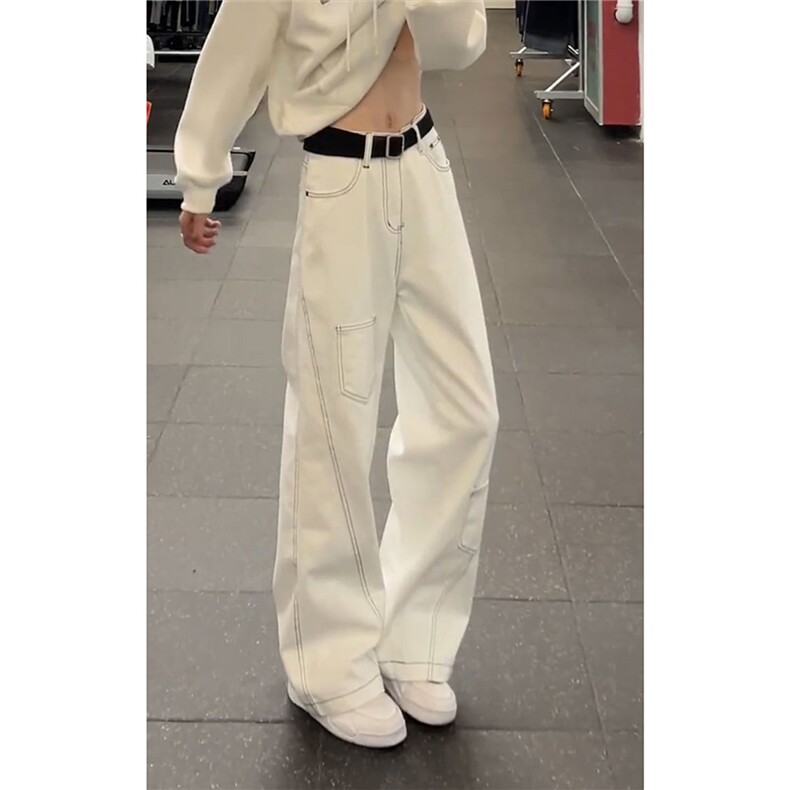 美式复古白色明线解构弯刀牛仔裤男女多口袋宽松拖地裤N0665-P48,男装牛仔裤,星座308B-2