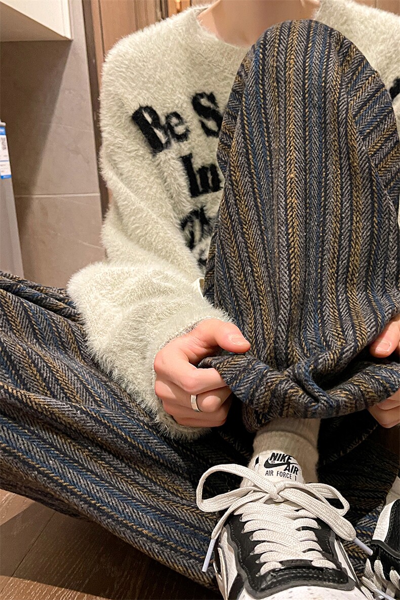 8XL-M特大码呢料加绒裤男新年裤条纹卫裤休闲基础款K948P60加绒70,男装休闲裤,电商D206-1