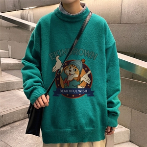 1港风圆领中性情侣潮流大码M-5XL印花加厚毛衣男7689P48加绒P55图片
