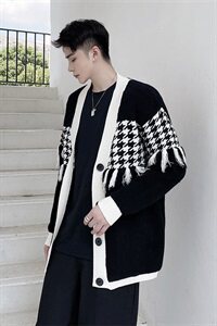 新款千鸟格针织开衫毛衣男时尚流苏百搭毛衫外套A452--MY24--P115图片