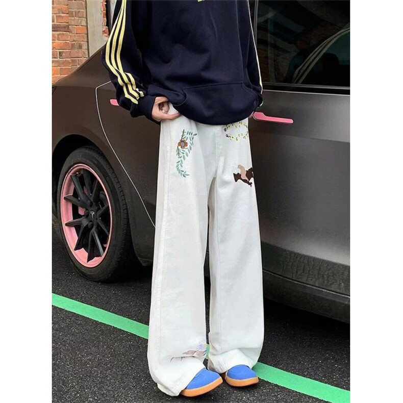 风刺绣牛仔裤男女春季高街阔腿长裤宽松百搭微喇裤子N9802,男装休闲裤,星座1116A（原606A-3）
