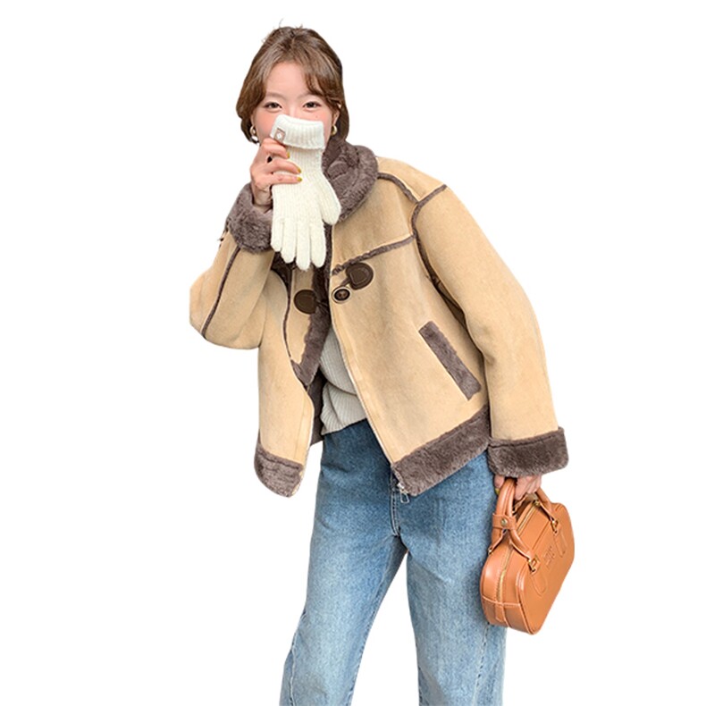 现货2025新款安哥拉红撞色皮毛一体机车服外套,女装套装/套裙,1C150
