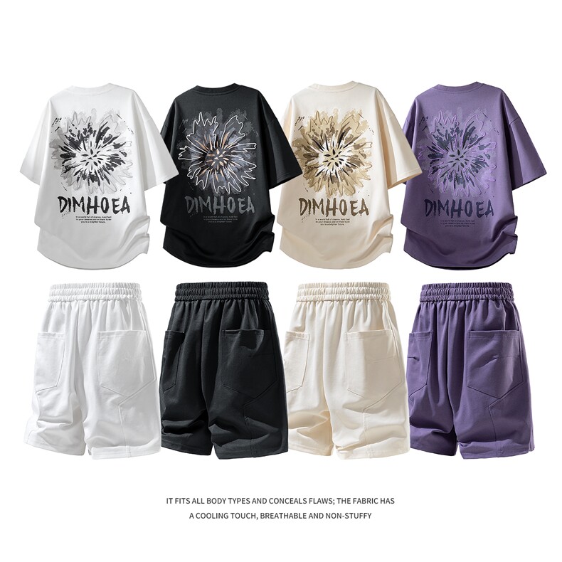 夏季美式潮牌发泡印花短袖T恤休闲短裤两件套装TZ888115特P45控88，男装牛仔裤，电商A309