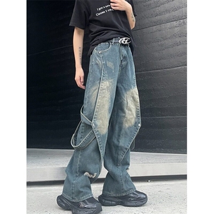 穿搭高级感男设计感小众拼接复古做旧牛仔裤直筒休闲长裤 N1108图片