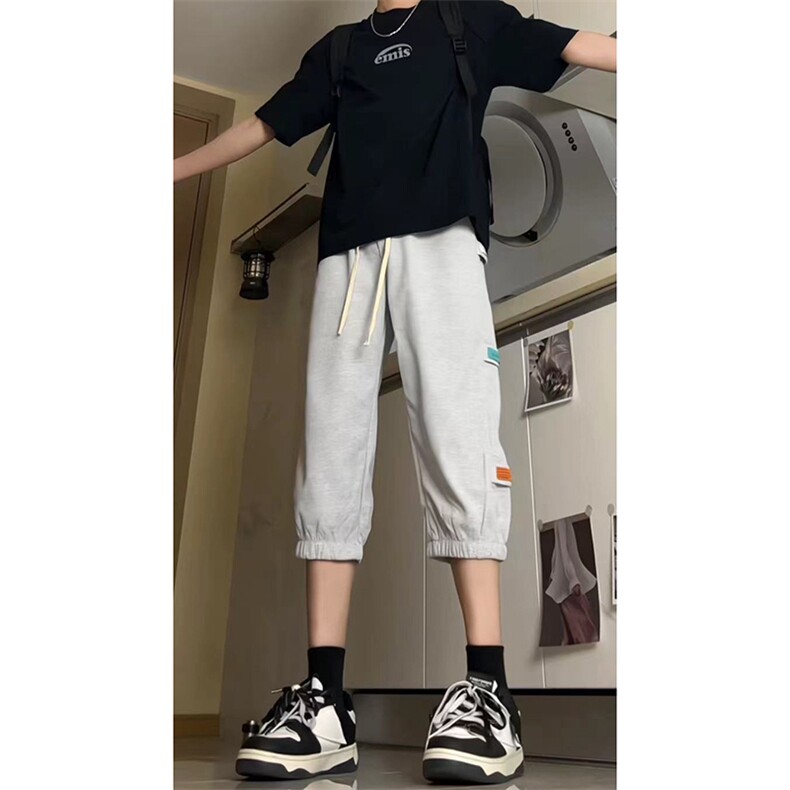 抖音品质）夏季高街宽松束脚华夫格七分运动裤货号QF25,女装休闲裤,电商A063