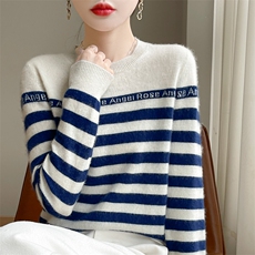 100%纯羊毛衫女圆领字母条纹拼色长袖针织毛衣秋冬宽松羊绒衫打底，女装羊毛衫，郡淞羊绒