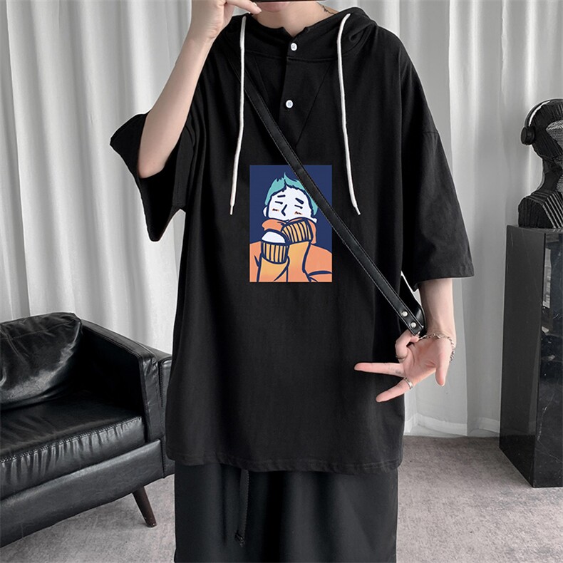 LD54042-P45连帽短袖t恤男大码胖子带帽五分袖中袖,男装T恤,电商A040