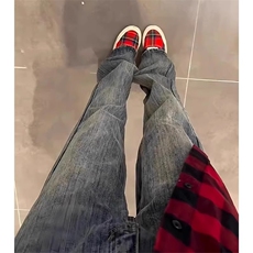 裤子美式高街水洗竹节竖纹牛仔裤男款微喇窄窄版直筒裤KZ8027-P55，男装牛仔裤，星座1007（原301D）