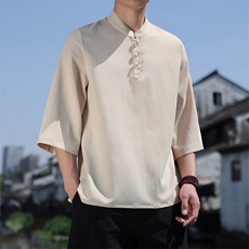 2025新款夏季风纯色立领上衣盘扣休闲T恤宽松潮流男T2505-P45，男装T恤，电商A008
