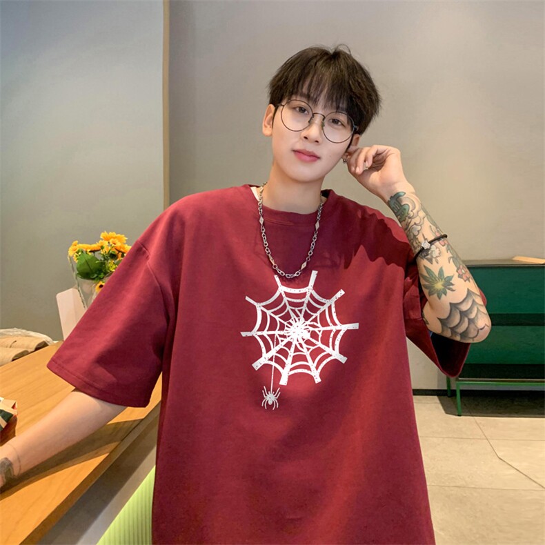 美式潮牌蛛网印花短袖男oversize重磅纯棉半截袖休闲百搭情侣t恤图片