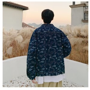 牛仔夹克外套男潮ins腰果花春秋潮流痞帅男士潮牌牛仔衣褂子图片