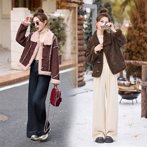 超好看短款羊羔毛外套女2024冬新款加厚麂皮绒皮毛一体机车服外套图片