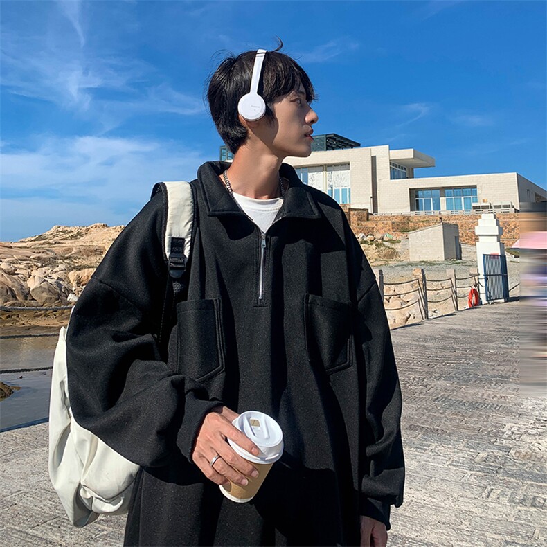 WY83-P35新款纯色双口袋加绒半拉链翻领卫衣,男装卫衣,星座1501-1