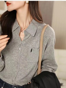 现货秋季新款休闲风Polo领针织衫复古刺绣长袖上衣女图片