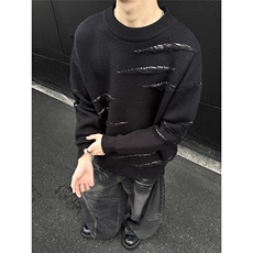 美式高阶冬季圆领套头破洞毛衣宽松加厚情侣针织衫M6601TP55，男装针织衫/毛衣，电商A247