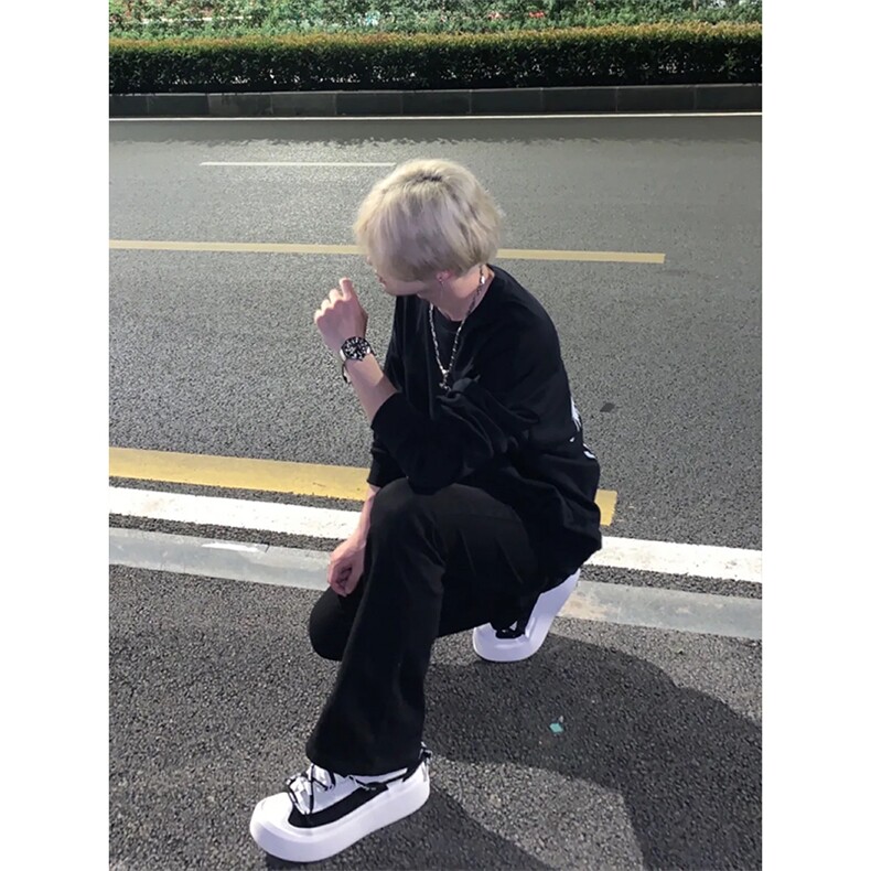 cleanfit裤子高街vibe纯黑色牛仔裤男款夏季修身直筒弹力微喇叭裤图片