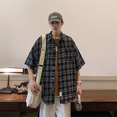 2026夏宽松潮男休闲宽松五分袖衬衫半袖格子衬衣C700/P35黑色，男装衬衫，电商A094