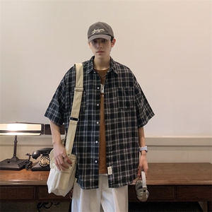 2026夏宽松潮男休闲宽松五分袖衬衫半袖格子衬衣 C700/P35 黑色图片