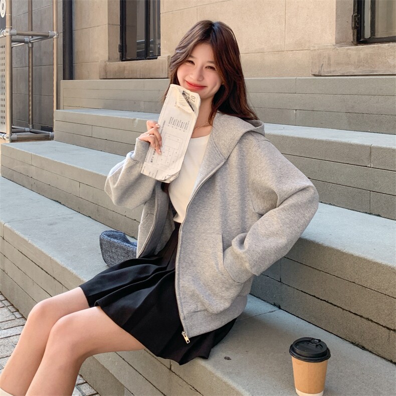 浅灰色开衫卫衣外套男款秋季美式重磅硬挺连帽衫cleanfit短款夹克,女装短外套,2B188