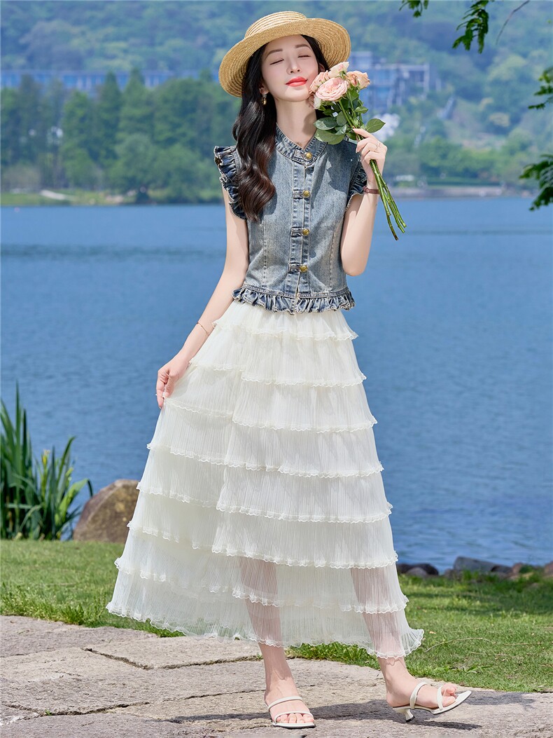 （新款现货）2026夏装时尚薄牛仔小飞袖上衣+蛋糕超仙纱裙两件套,女装套装/套裙,印象茜