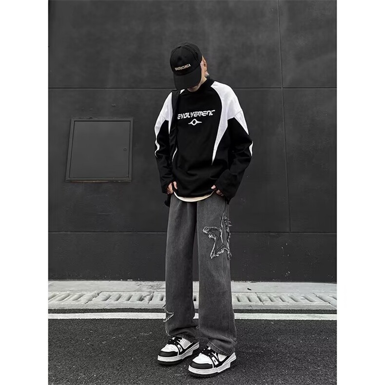 复古星星贴布牛仔裤男春秋美式高街潮牌宽松直筒1001-1GN3082P45,男装牛仔裤,星座1001-1