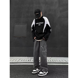 复古星星贴布牛仔裤男春秋美式高街潮牌宽松直筒1001-1GN3082P45图片