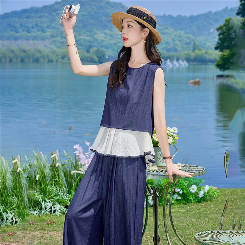 （新款现货）2026夏装时尚莱赛尔假两件上衣+阔腿裤套装两件套女,女装套装/套裙,印象茜