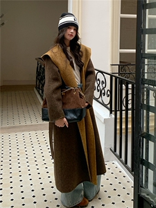 撞色连帽双面呢羊毛大衣女冬长款毛呢外套图片