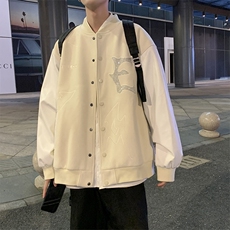 刺绣毛呢外套男高级感痞帅美式复古pu皮拼接棒球服连帽飞行员夹克，男装夹克，星座601-1