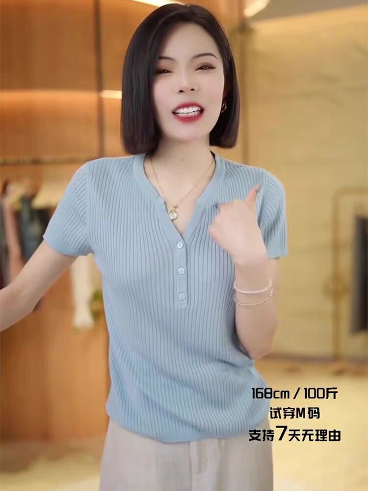 2025年春季时尚百搭通勤简约V领短袖,女装T恤,晨旭羊绒