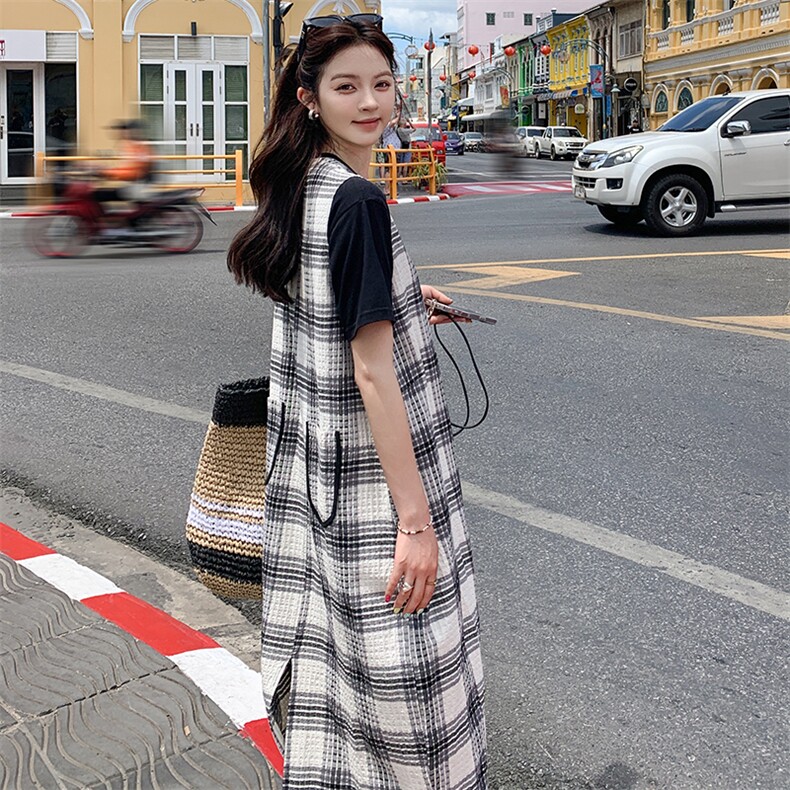法式复古格子无袖背心连衣裙女2025春季新款时尚宽松显瘦气质长裙,女装连衣裙,2C216