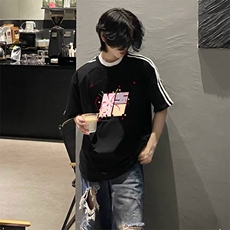 抖音得物高品质二开240克宽松纯棉美式潮牌三条杠织带短袖T恤，男装T恤，电商A486-1