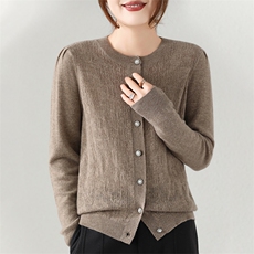 2024秋季新款女士长袖短款圆领镂空开衫休闲百搭35%羊绒衫，女装羊绒衫，富泽羊绒