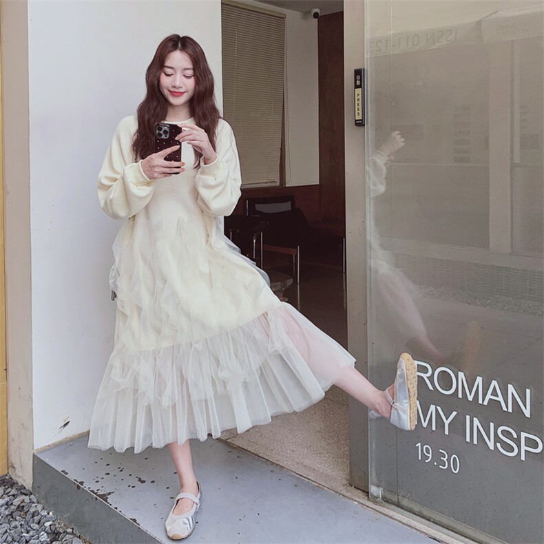 【出货中】高品质粉色杏色长袖网纱裙8237-P150-K218,女装连衣裙,2C137