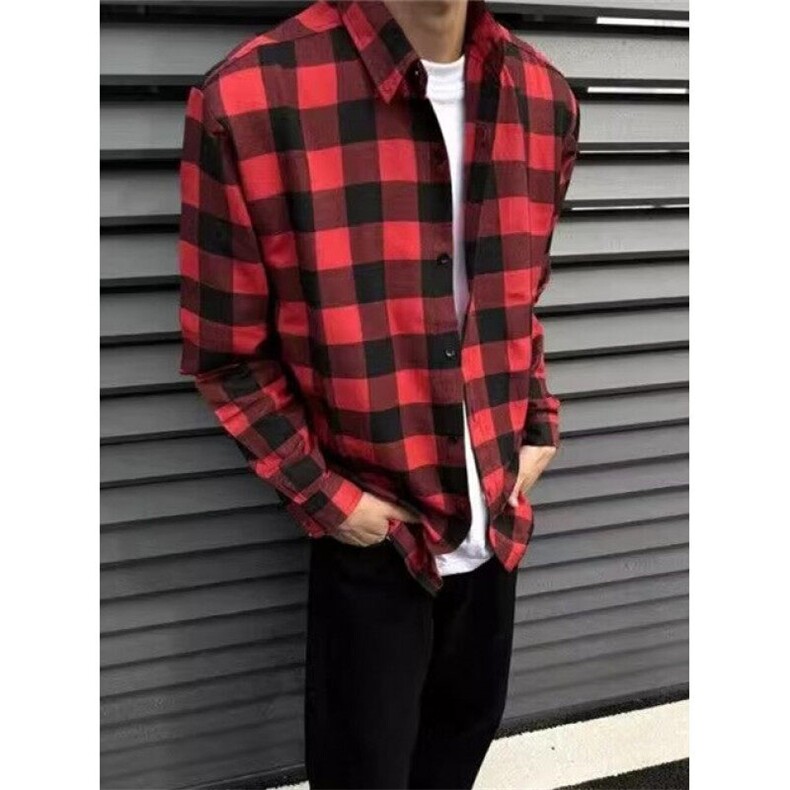 经典配色格子衬衫理工宽松落肩oversize翻领潮棉衬衣C55,男装衬衫,星座1116A（原606A-3）