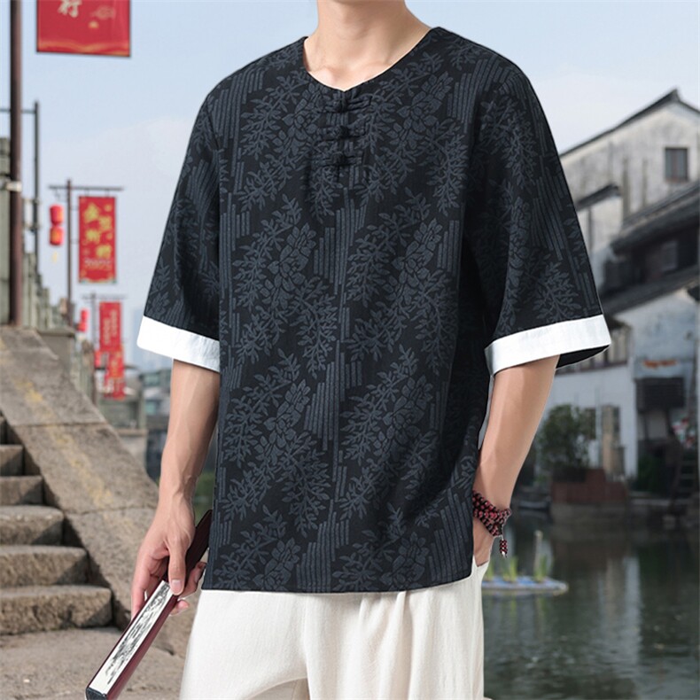 男士衬衫五分袖衬衣中袖印花圆领唐装风XZ1512-2612-P40,男装T恤,星座1512