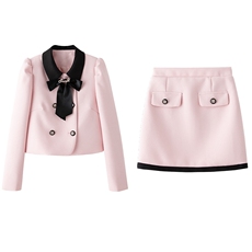 2023新款秋装小香风套装法式复古风半身裙撞色蝴蝶结上衣两件套，女装套装/套裙，卡杰菲