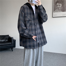 美式复古连帽格子衬衫大码磨毛长袖衬衣慵懒风宽松外套CS9007/P55，男装衬衫，电商B238