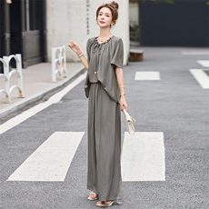 2025年夏季新款竖条纹压花肌理慵懒立领无袖衫上衣阔腿裤时尚，女装连体裤，魅丽静蓝