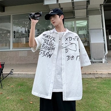 男潮青春流行潮流原宿五分袖标准纯棉涂鸦短袖衬衫S46P38，男装衬衫，星座1116-2