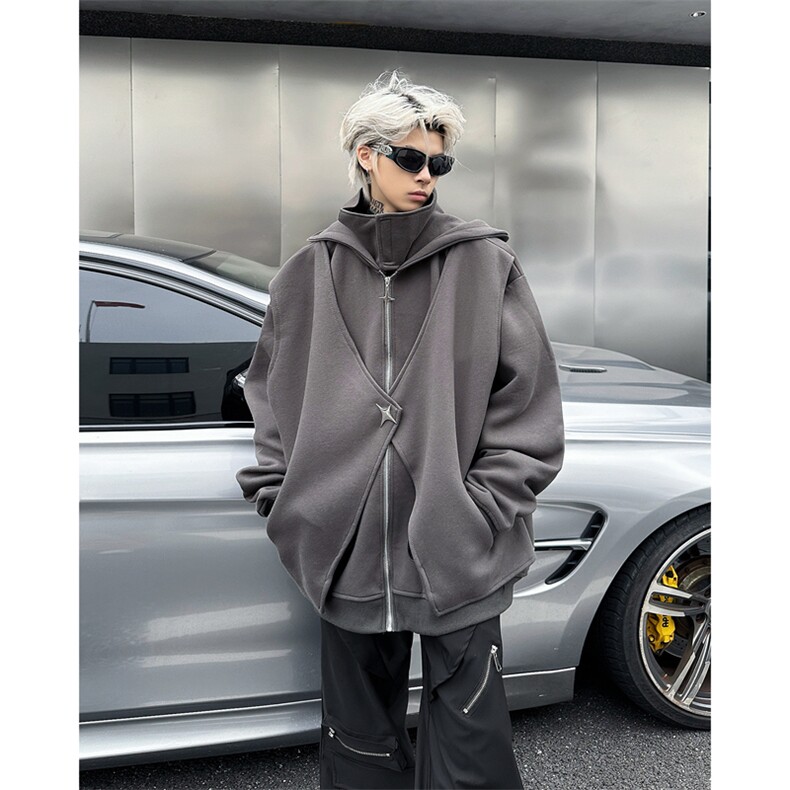现货25秋冬设计感假两件暗黑高克重仿风连帽拉链开衫卫衣WY34-P98,男装卫衣,电商B288