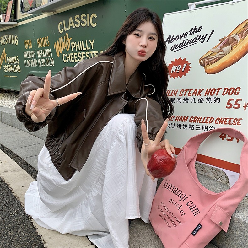 《48H发》美拉德皮衣棒球服拼色荧光条短外套，女装皮衣，辰辰家