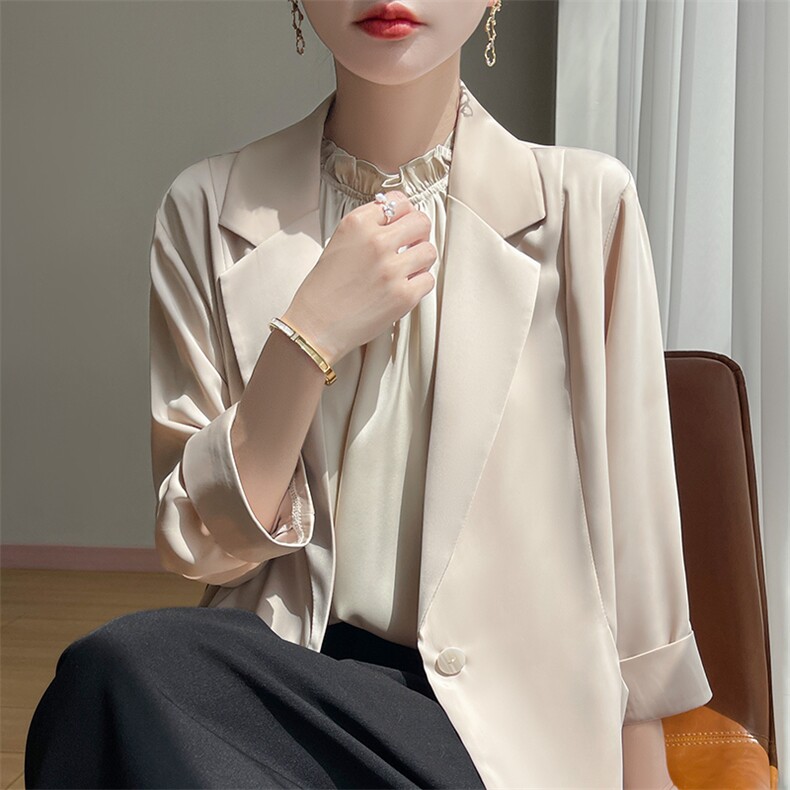 2025春夏新款纯色醋酸缎面一粒扣宽松西服女气质薄款七分袖百搭,女装短外套,暖习羊绒